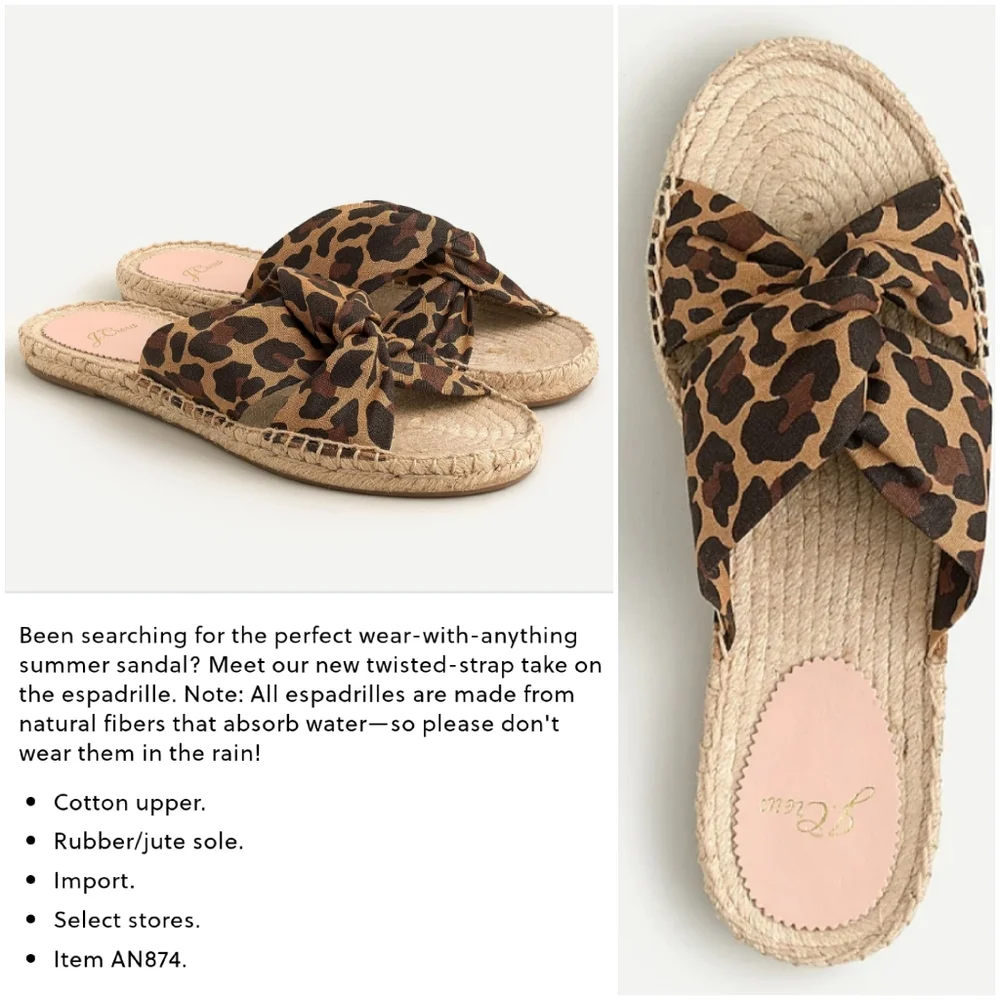 J.CREW Leopard Canvas Twisted Knot Espadrille Flats Sandal Sz 8.5 Cheetah Brown